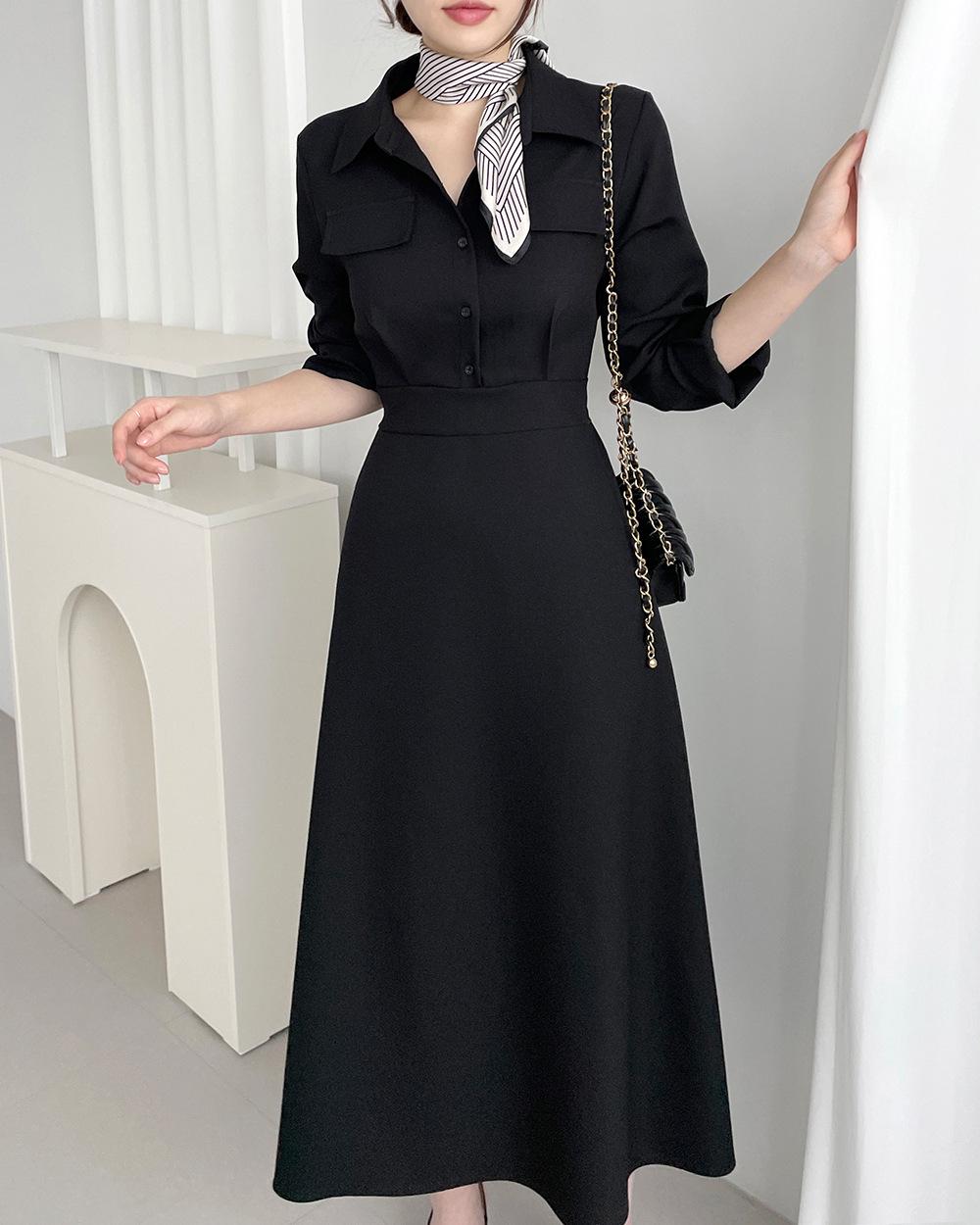 

2026 Spring Korean Chic French Style Waist-Cinched Slimming Dress for Women One Size чёрный