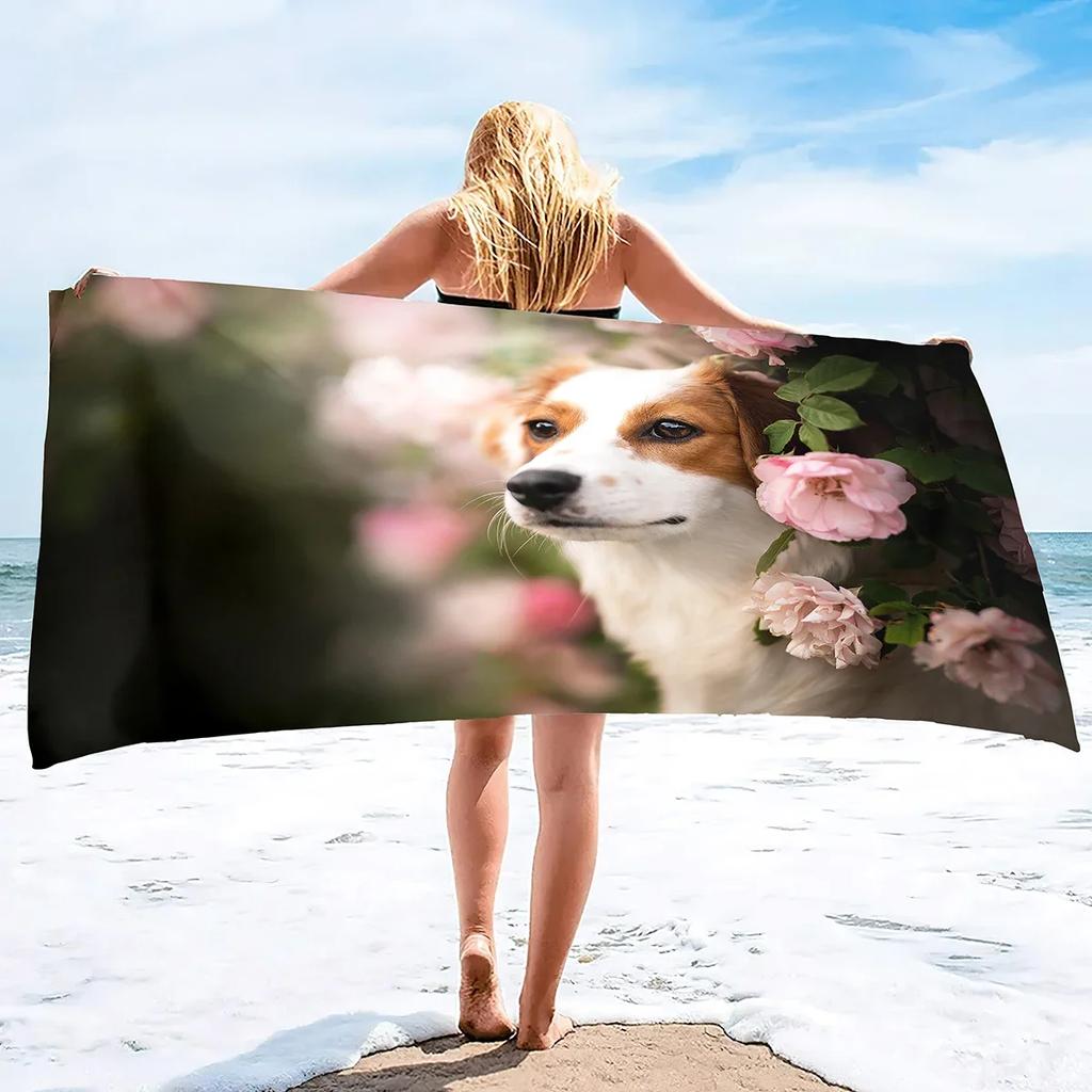 Dog With Flowers Pattern Microfiber Sand Free Beach Towel Oversized Quick Dry Absorbent Pool Towels For Pool Swimming Bathroom