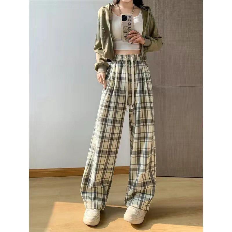 

Plus Size Retro Plaid Wide-Leg Pants for Women - Elastic High Waist L (85-110 Jin)