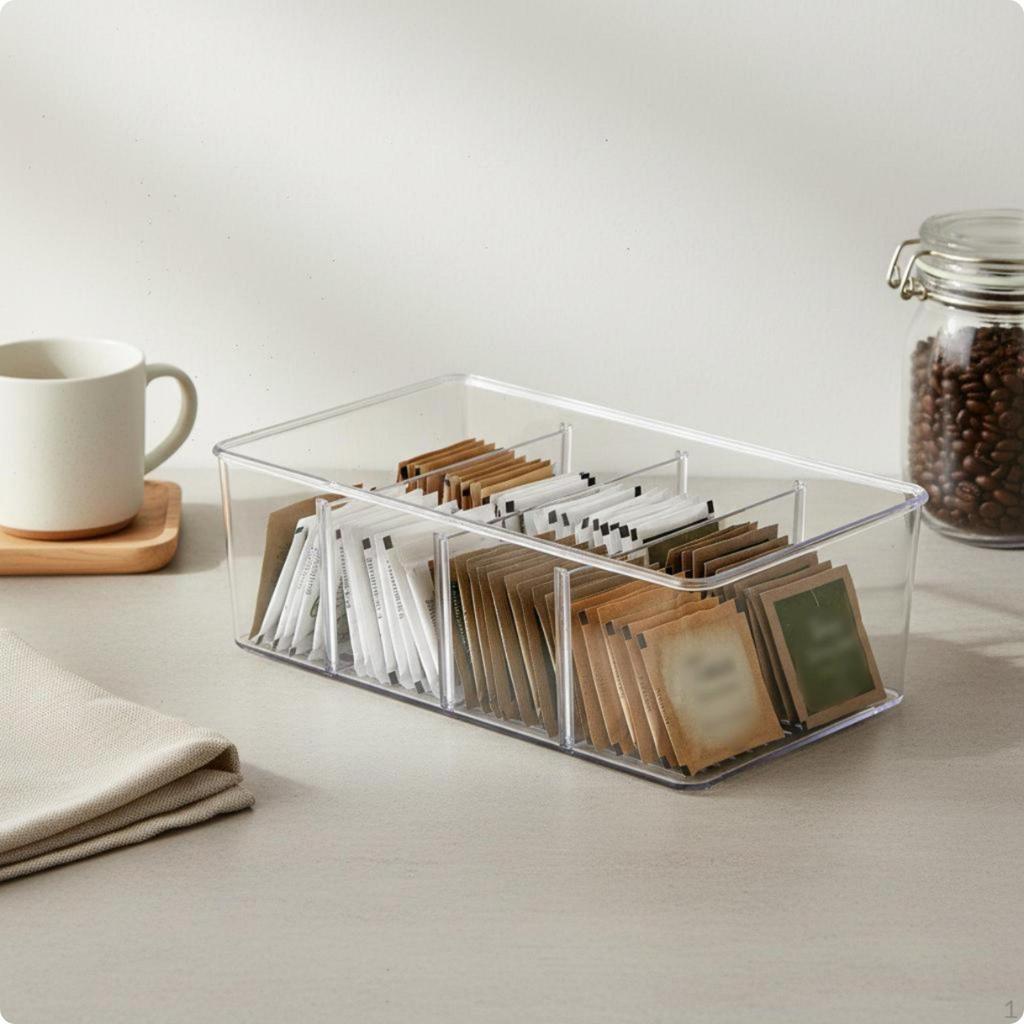 Tea Packet Organizer Transparent Storage Box Dustproof Lidded Compartment for Desktop,