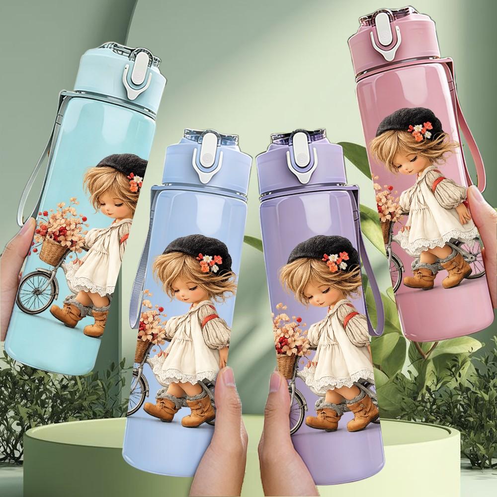 1PC Doll Girl Ride Vintage Bike Print 750ml Color Plastic Sports Water Bottle Leakproof Flip Straw Lid Suitable for Sports Office Home Use