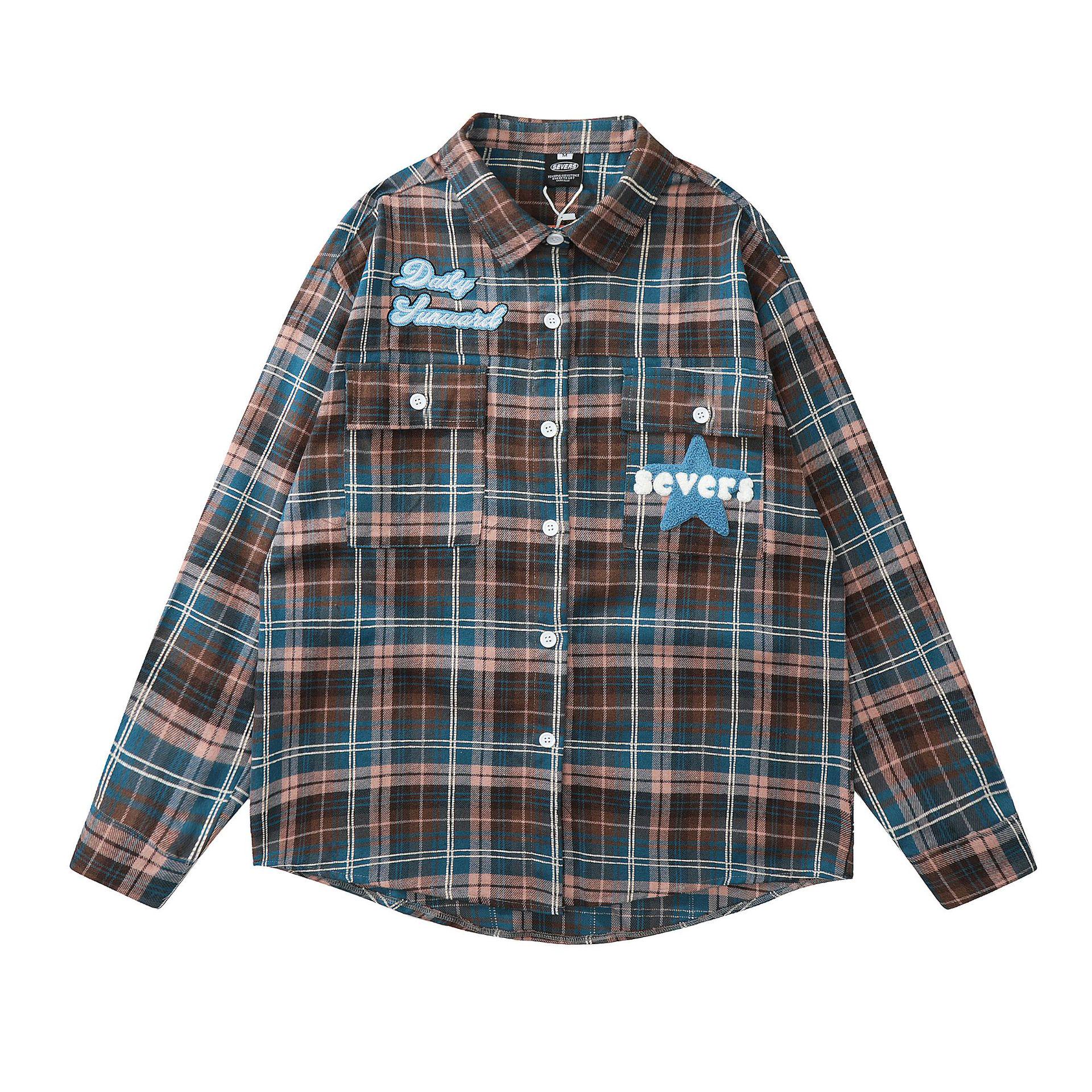 Women s Retro Star Embroidered Plaid Shirt - Spring/Autumn Loose Fit Versatile Jacket Medium