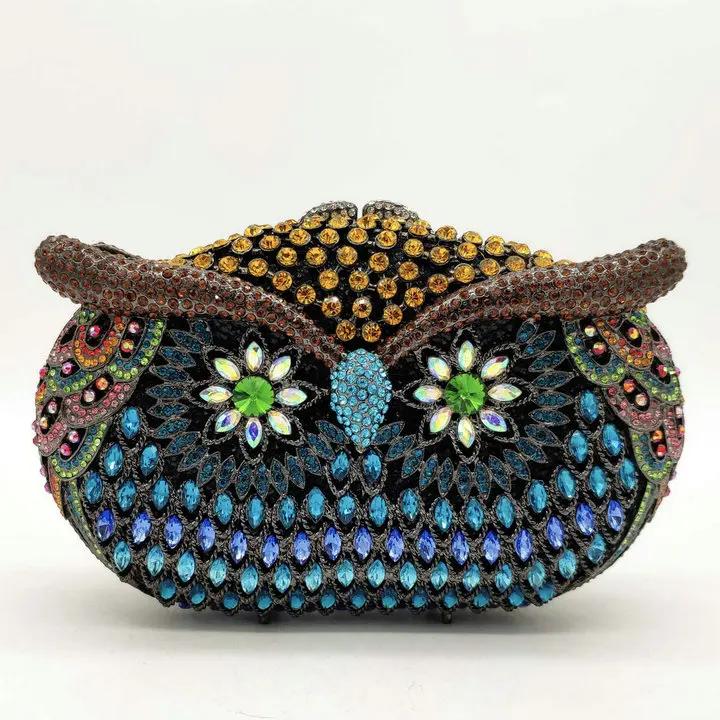 

Boutique De FGG Multicolored Women Owl Clutch Evening Bags Cocktail Party Ladies Crystal Minaudiere Handbags Wedding Purses Small Clutch