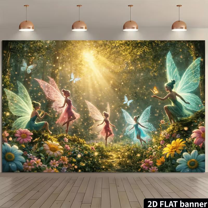 2D Verzauberter Wald Fee Kulisse Blumige Sonnenlicht Party Foto Booth Banner