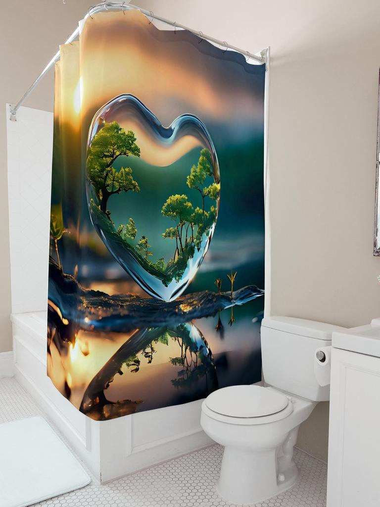 Heart-Shaped Landscape Shower Curtain - Waterproof, Mildew-Resistant, Machine Washable For Romantic Bathroom Decor