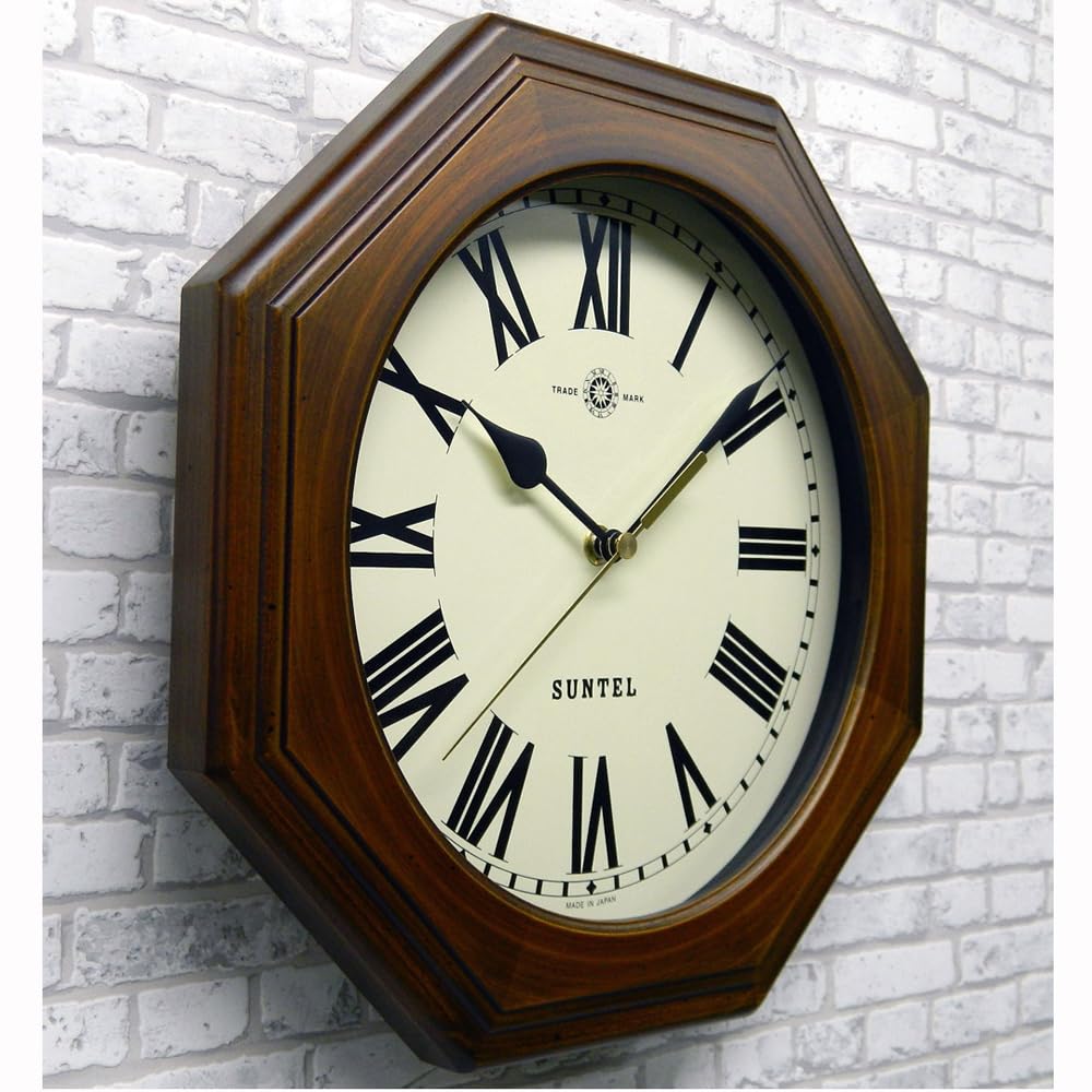 Santel Natural Wood Retro Octagonal Wall Clock Antique Brown Japanese-made Radio-Controlled (Roman Numerals) DQL712-R