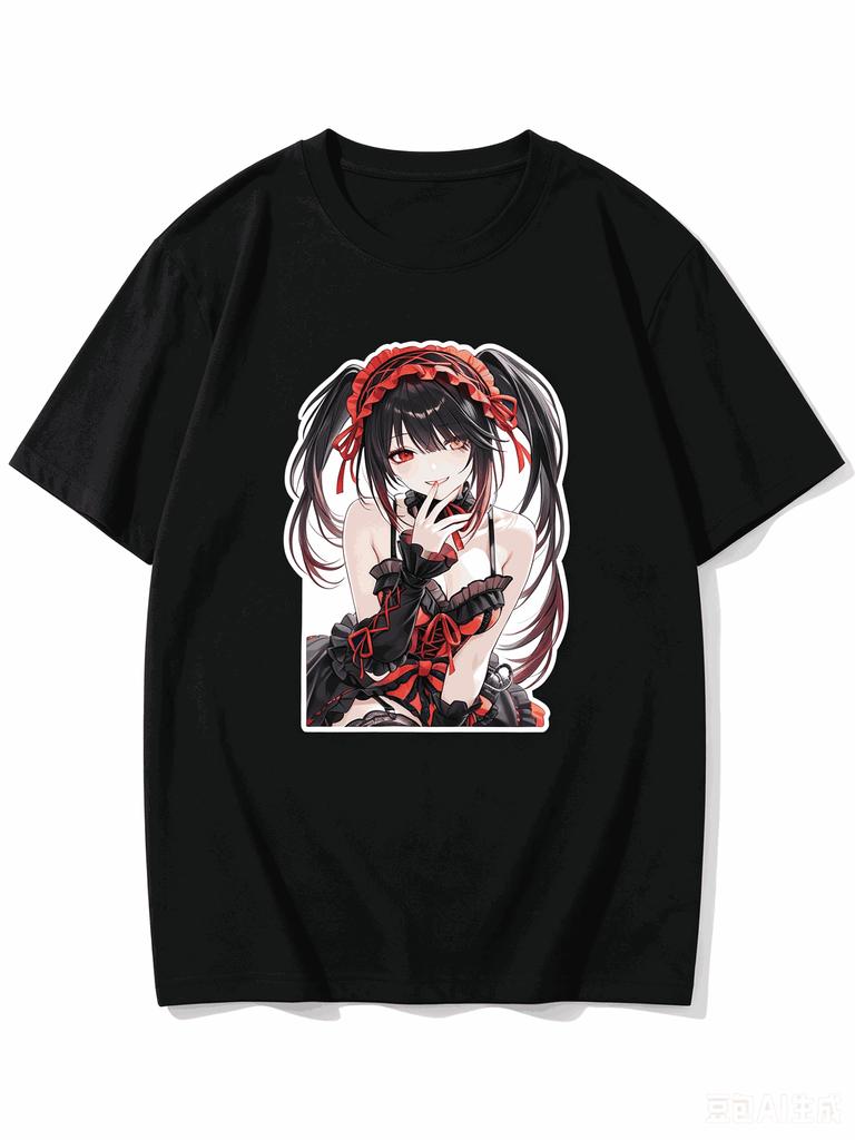 2026 New Unisex Crew Neck Casual Short Sleeve T-Shirt With Lolita Style Lying Pose Kurumi Tokisaki Cutout Anime Print