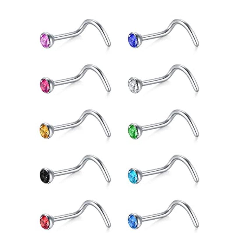 Mixed Color Nose Stud Set: Fish Tail, Inlaid Rhinestone, L-Shaped, & Straight Bar. Hot Selling & In Stock.