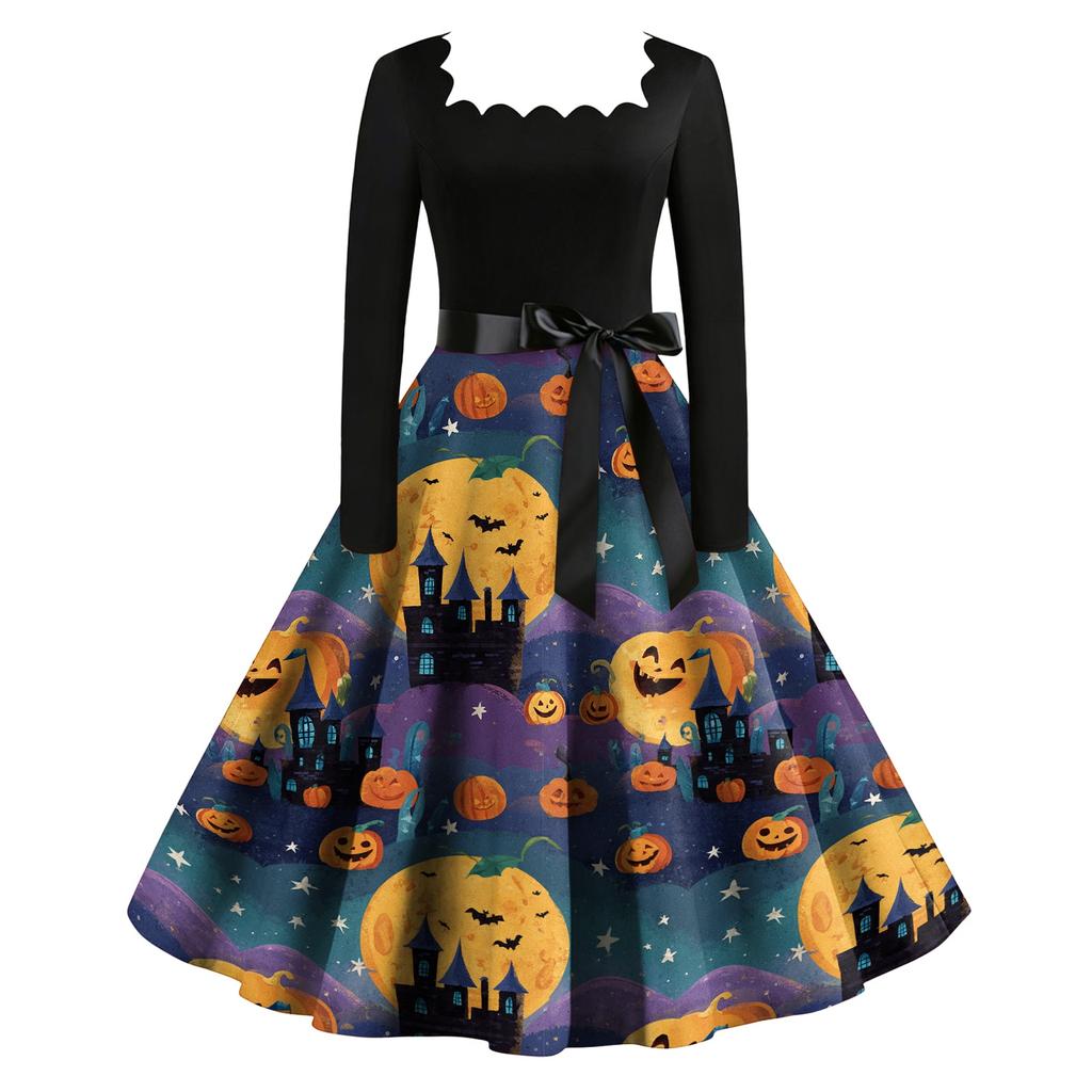 Vintage Long Sleeve Square Neck Halloween Party Dress with Printed Skirt and Waist Tie Retro Style Midi Dress for Women