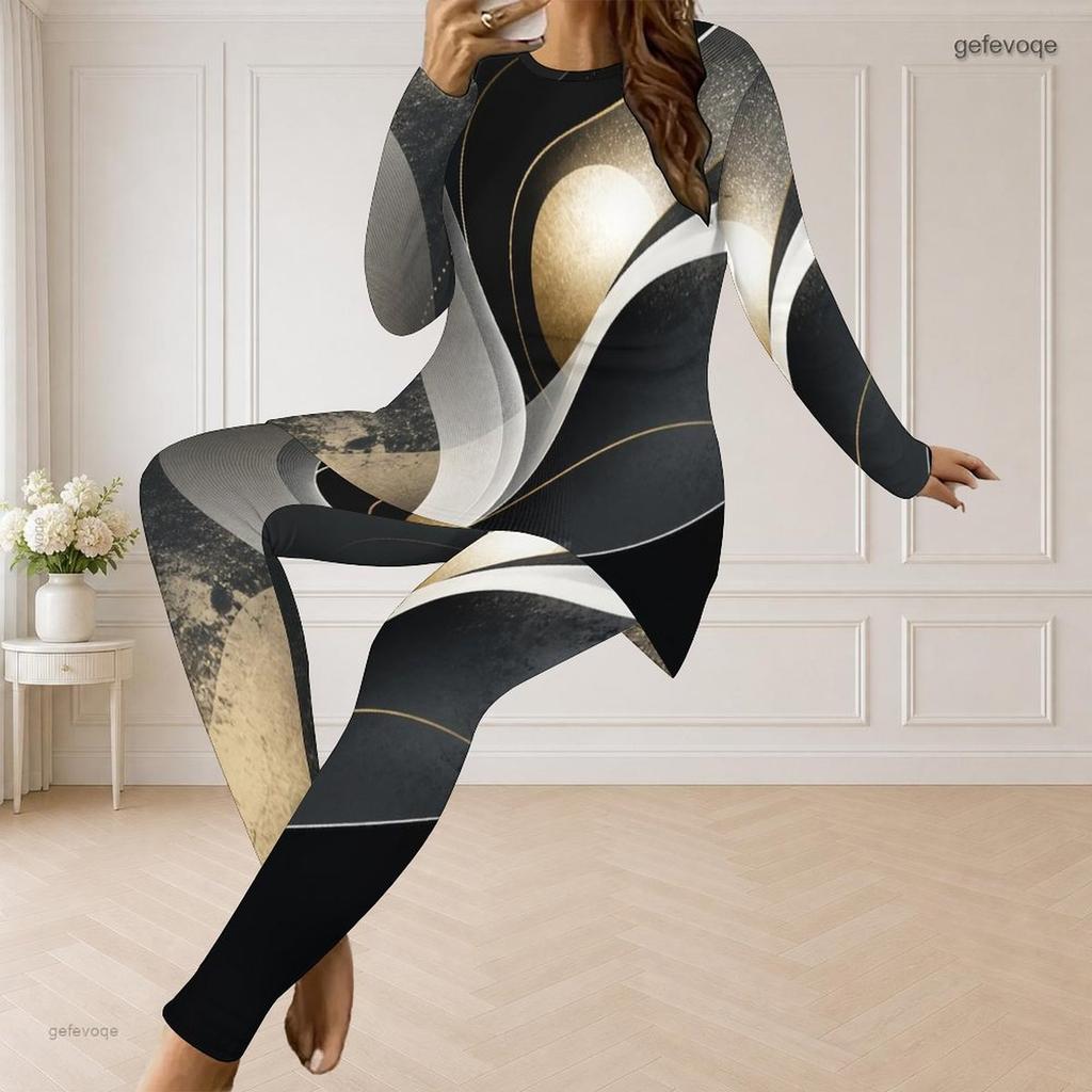Women Plus Size Round Neck Long Sleeve Neon Print Longline Top Fitted Pants Two Piece Set