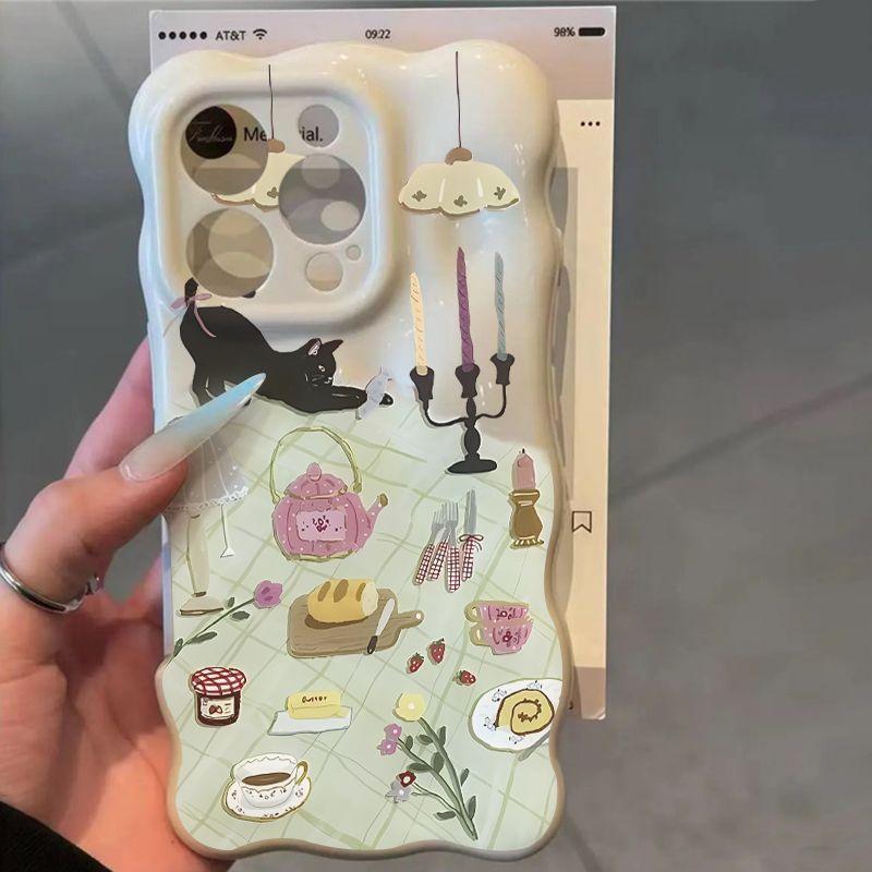 Afternoon tea black cat illustration applies to Apple 17 Wave Cloud 16Pro mobile phone case 14/15 three-dimensional 12 girl 13