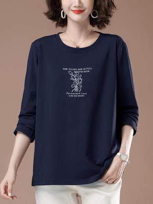 Plus Size Pure Cotton Casual Long-Sleeve T-Shirt for Middle-Aged Women - Spring/Autumn