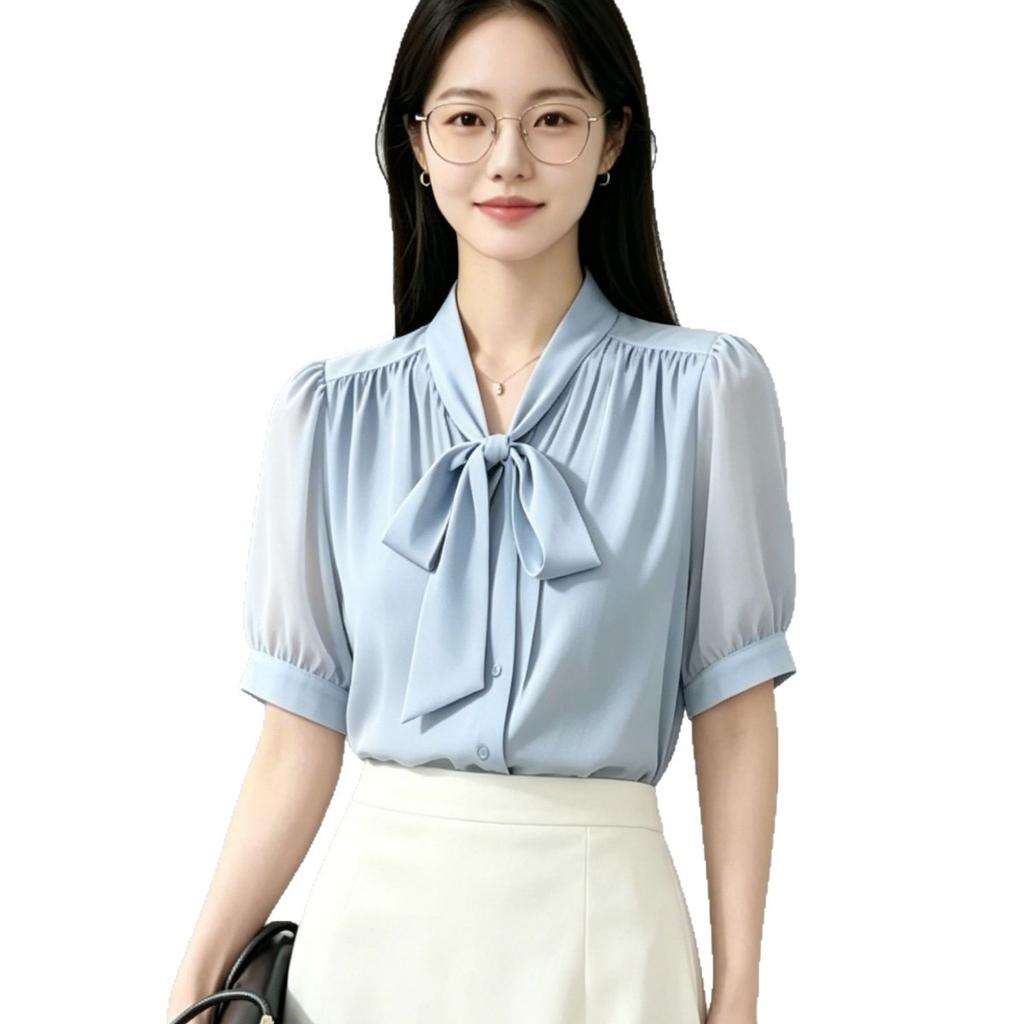 Temperament Streamer Chiffon Shirt Women's Summer Short-sleeved Top Women's White High-end Blue Commuter Interview Women's Shirt
