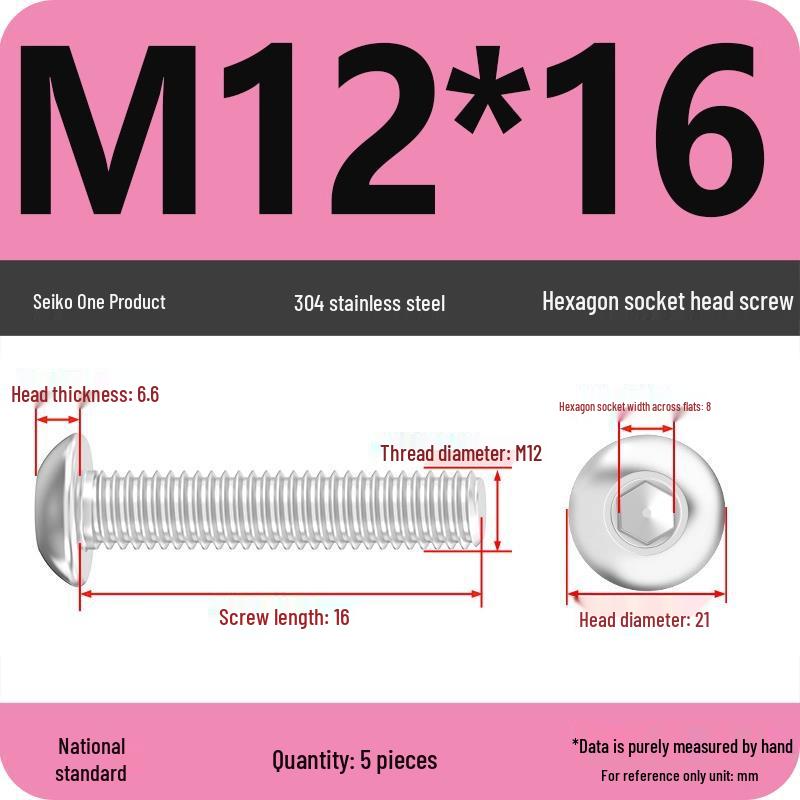 304 Stainless Steel Pan, Half, and Round Head Hexagon Screws (M2-M12)