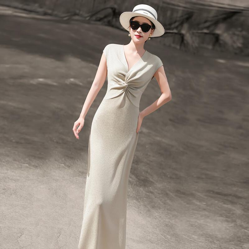 French Style Elegant V-Neck Midi Dress with Twisted Waist