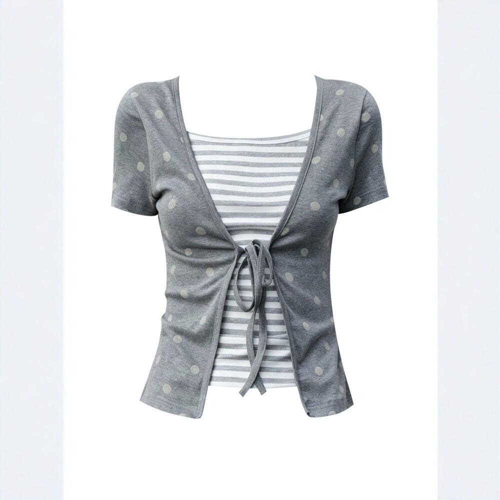 [Keren Cotton Modal] Contrasting color fake two-piece polka dot short-sleeved T-shirt women's summer new slim-fit top trend