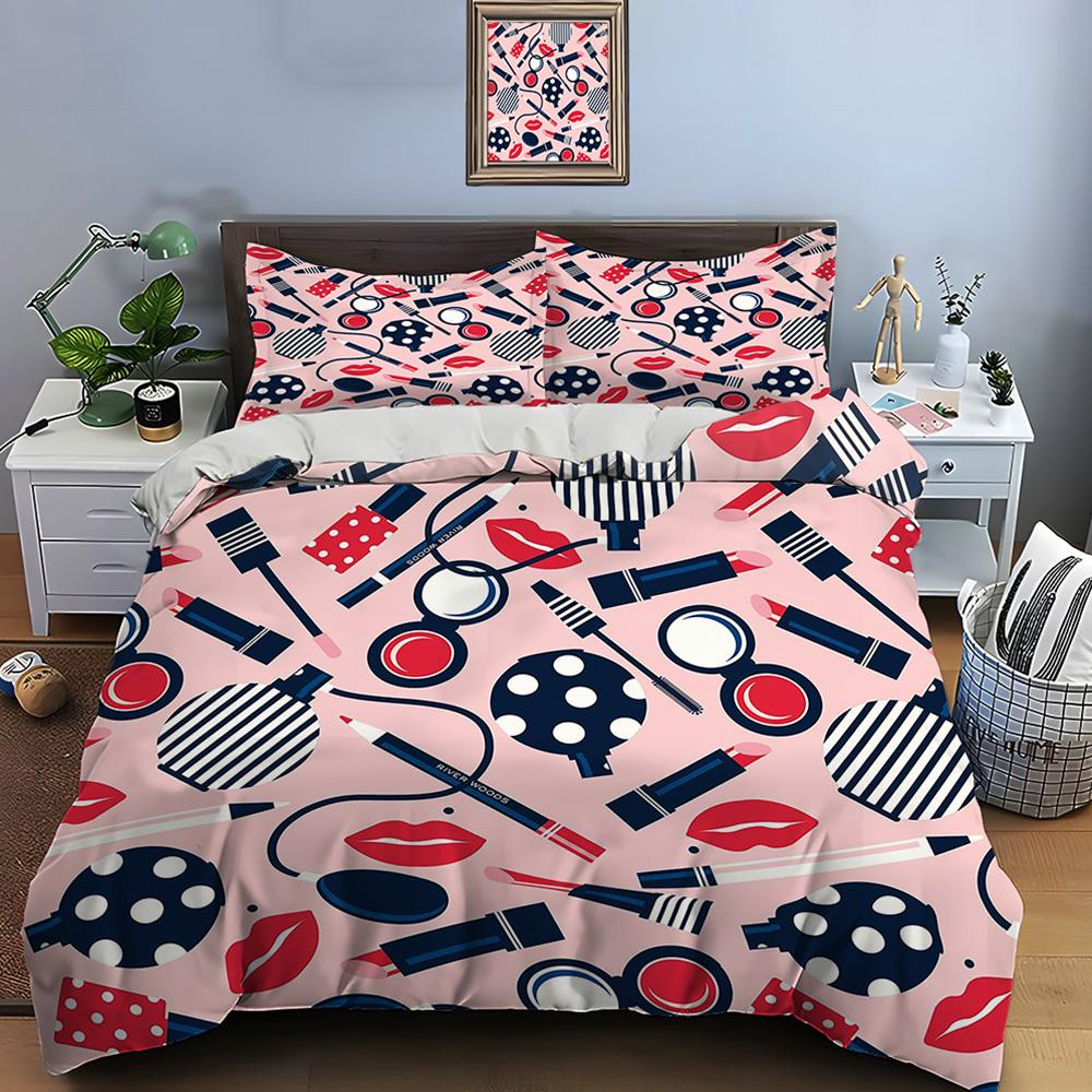 3PC Fashion Make Up Print Bedding Set Duvet Cover 1 Duvet Cover 2 Pillowcases Adult and Children Bedding Set Luxury Girls Gifts