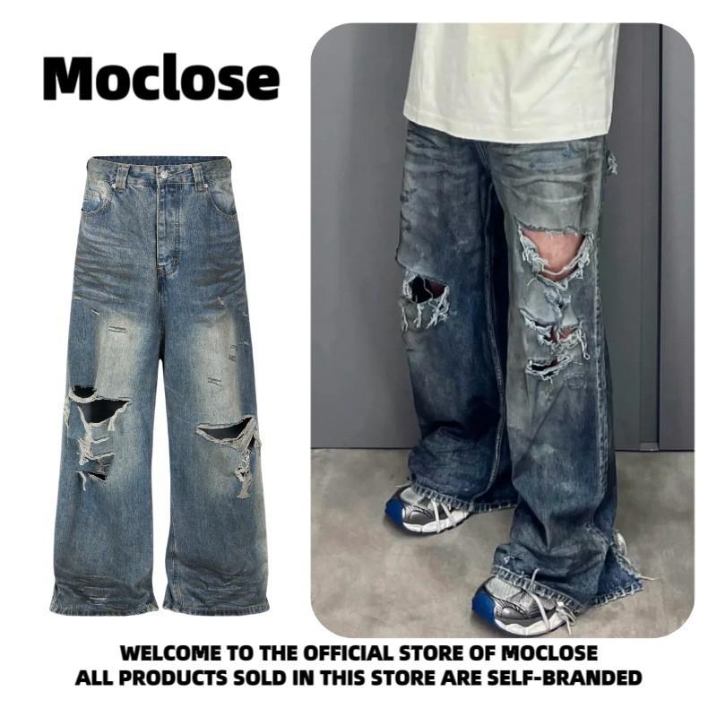 Mens Loose Fit Straight Leg Jeans Vintage Distressed Ripped Denim Pants Youth