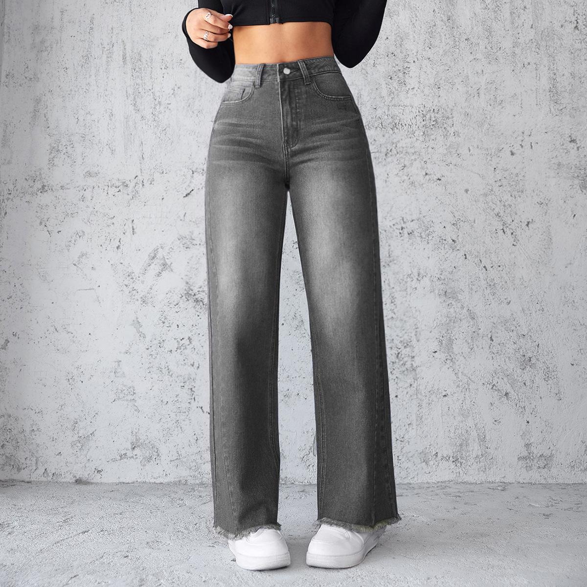 

2025 Women s Straight-Leg Non-Elastic Wide-Leg Jeans L серый
