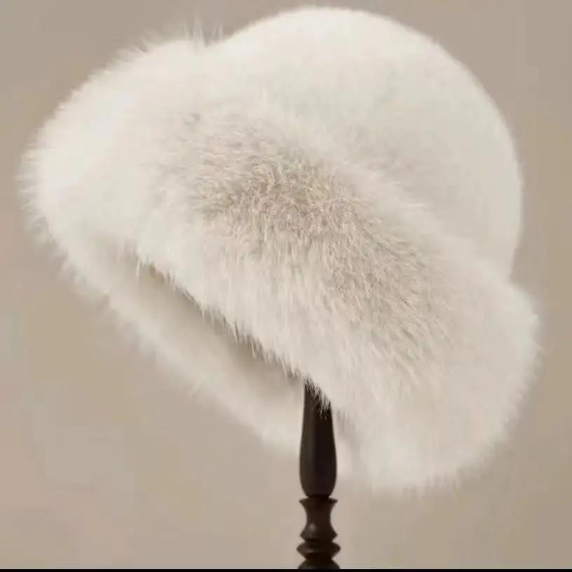 

Fluffy Fur Womens Winter Warm Bucket Hat Plush Fisherman Style Thicken Cold Snowy Day Panama Cap with Earflap Winter Hat