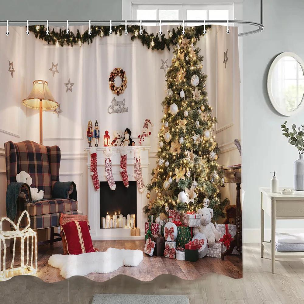 Zima Vánoce Sprchový závěs Legrační sněhulák Xmas Trees Krbové auto Lesní Snowy Scéna Nový rok Holiday Home Dekorace koupelny