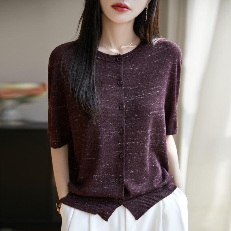 Women's Floral Wool Knit Cardigan - Round Neck, Short Sleeves, 2025 Spring/Summer Collection