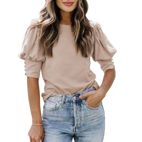 Damski top z okrągłym dekoltem, patchworkowy, latarniowy, jednokolorowy, luźny OL