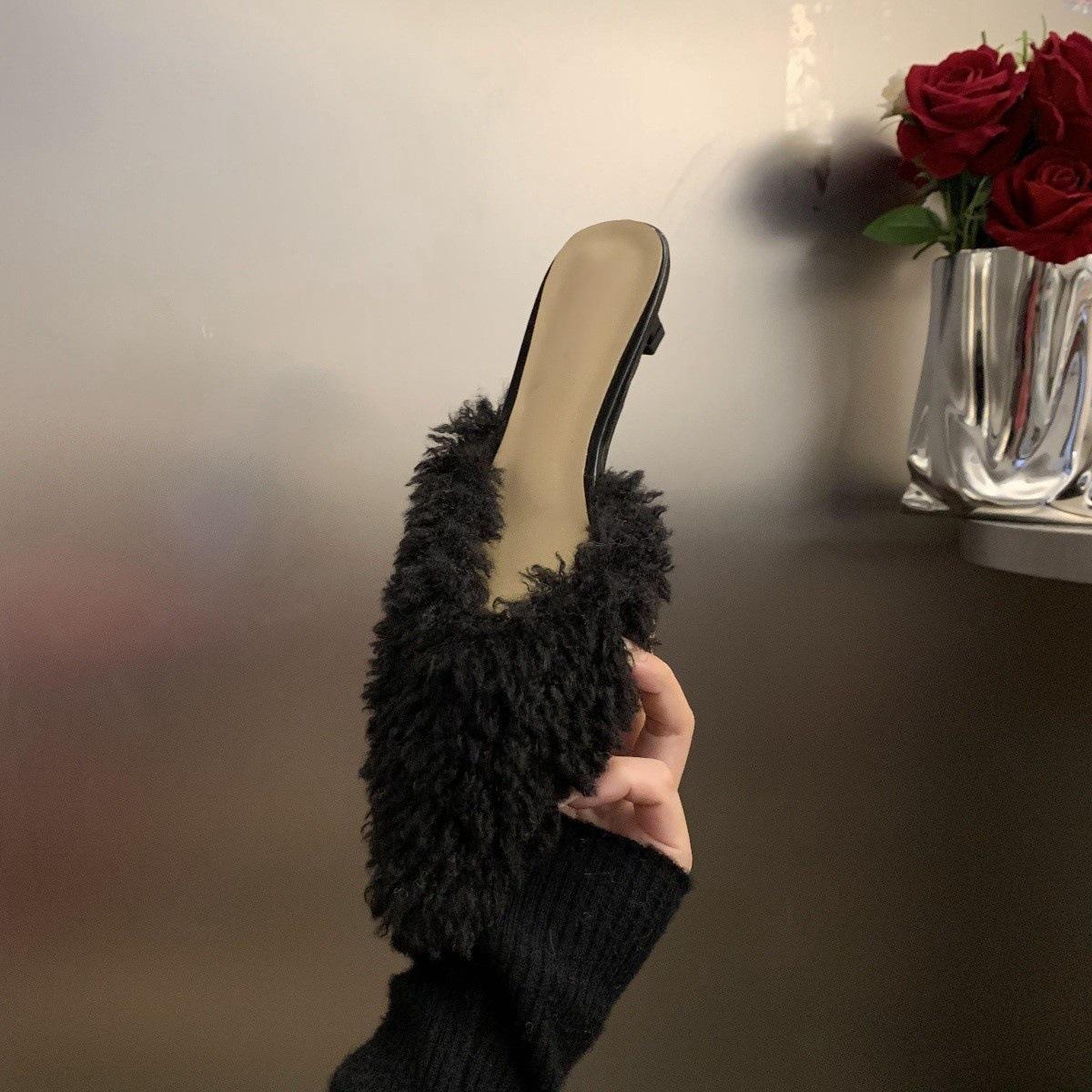 

Дизайн смысл ниша темперамент заостренная голова пушистый полуперетаскивание французские высокие каблуки пушистая обувь осенне-зимняя одежда женская обувь тапочки 40 чёрный