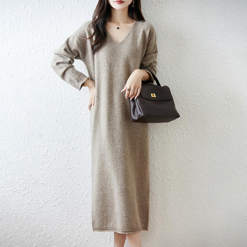 Women Sweater Dress 100% Wool TIDENOVEL V-neck Knit Long Pullover Winter Jumpers Wool Long Dress Female