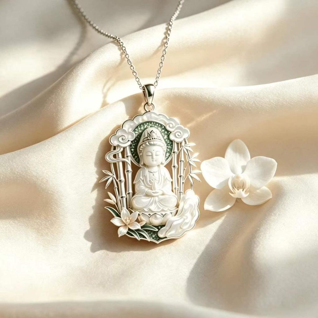 Jade Lotus Buddha Anhänger Halskette: Guanyin Silber Bodhisattva Segen & Schutz mit Sonnenblumenkernkette - Perfektes Geschenk für Ältere & Familie.