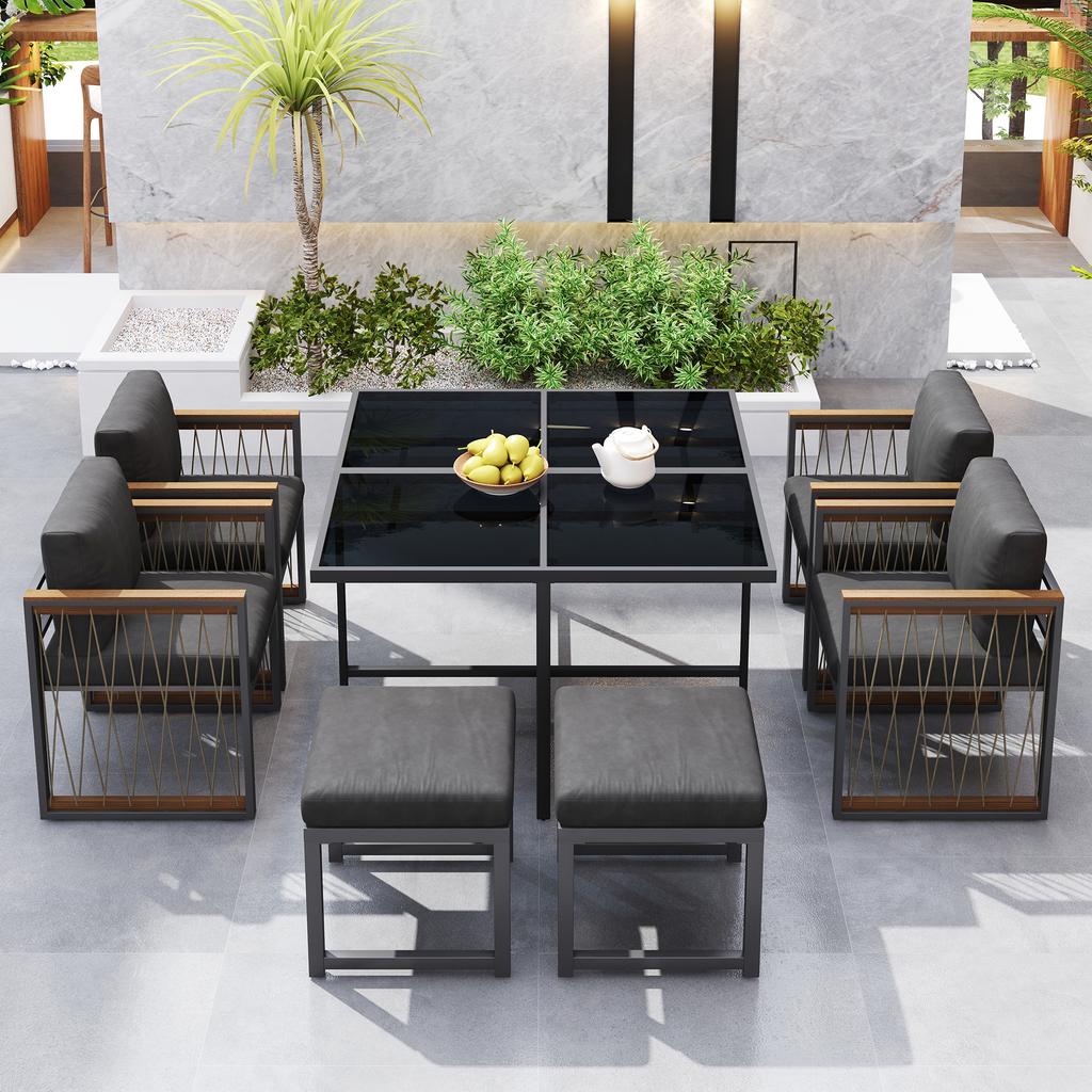 7-Piece Dining Table and Chair Set for 6 People, Table Made of Tempered Glass, Armrests of Plastic and Wood, Suitable for Backyard, Garden Patio