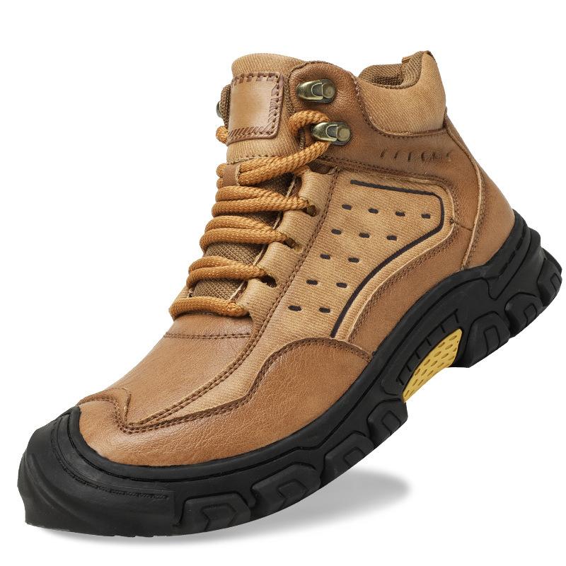 Medium top men's shoes leather outdoor non-slip thick sole wear-resistant lace-up bag head casual shoes men's mountaineering shoes hiking shoes