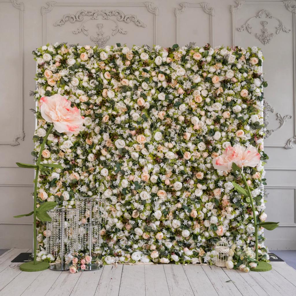 Uflower White Champagne Peony Flower Wall Wedding Backdrop Light Hanging Fabric Curtain Floral Decorative Wall Props for Events