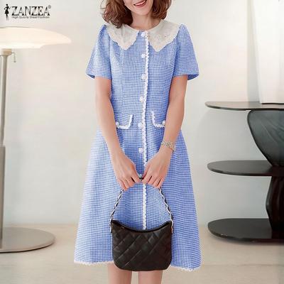 Women Casual Lace Splice Doll Collar Short Sleeve Plaid Print Dress