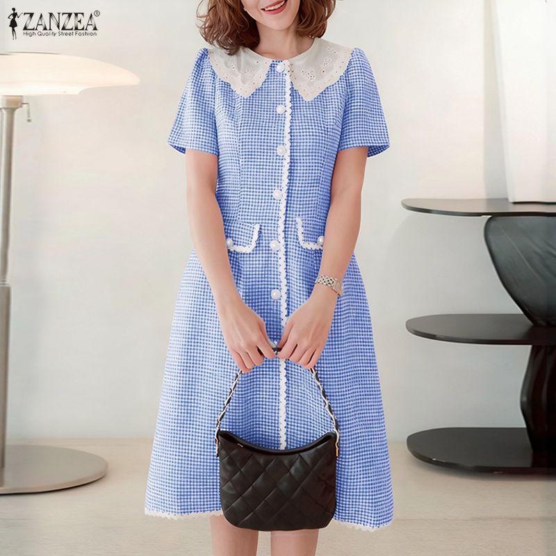 ZANZEA Women Casual Lace Splice Doll Collar Short Sleeve Plaid Print Dress