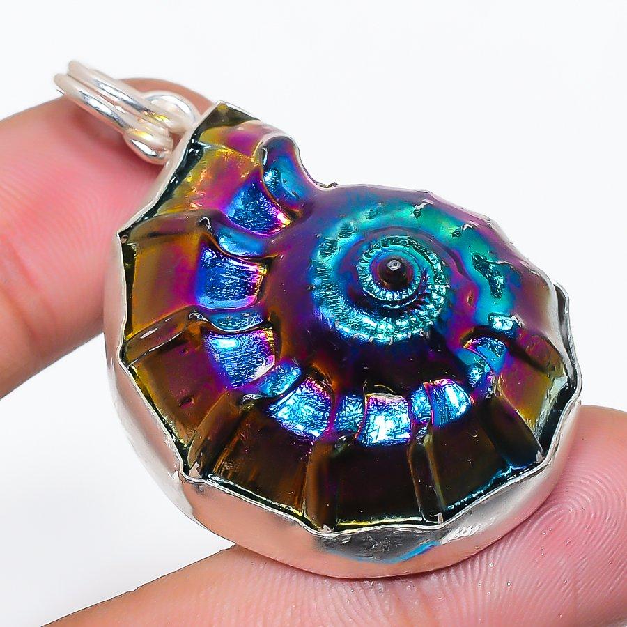 Натуральный Титановый Амонит Раковина 925 Пробы Серебро Ювелирный Подвеска 2.13  AP-14180