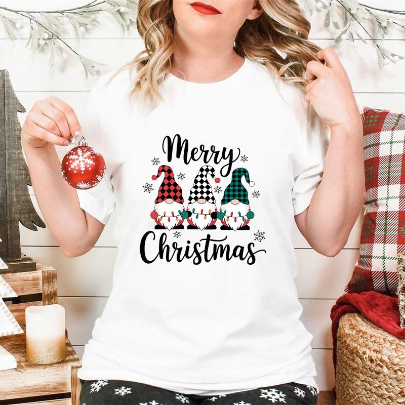Merry Christmas Gnomes Print Womens Tshirt Fashion Casual Holiday Party Female Tops Tees Short Sleeve Tshirt Women Xmas Gift