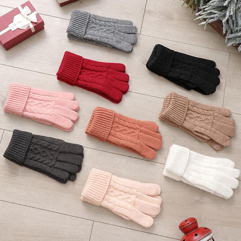 Simple Style Fashion Plus Velvet Thicken Women Winter Keep Warm Touch Screen Pattern Knitted Wool Gloves Elasticity Soft Mittens