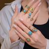 18K Real Gold Electroplated Stainless Steel Turquoise Texture Cuff Rings Retro Ethnic Style Ring Fashion Hand Zircon Women