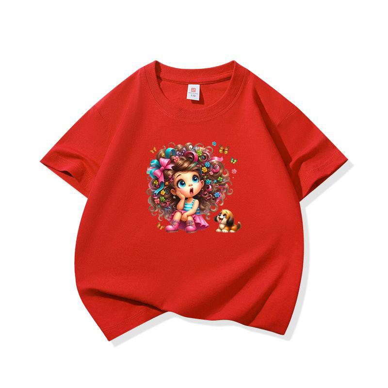 Kids Cotton T Shirt Floral Curly Hair Girl Sitting With Puppy Dog Print Crew Neck Short Sleeve Tee Casual Boys Girls Summer Tops
