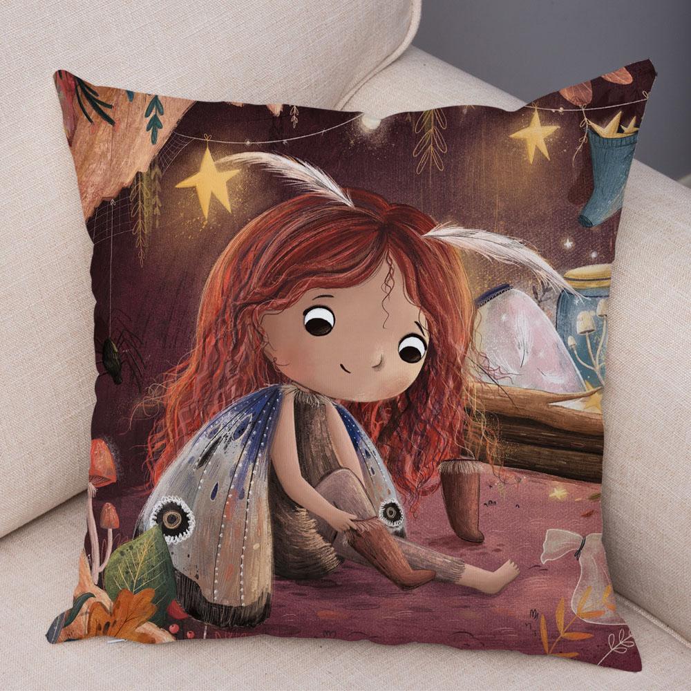 Super Soft Plush Pillow Case for Sofa Home Watercolor Cartoon Girl Cushion Cover Decor Fairy Tale World Lovely Child Pillowcase