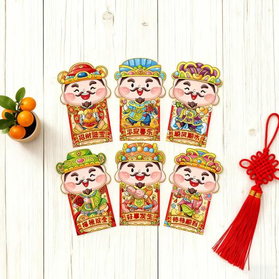 6 Pcs Chinese New Year Red Envelopes Cartoon God of Wealth Lucky Money Envelope Spring Festival Red Pockets for Cash