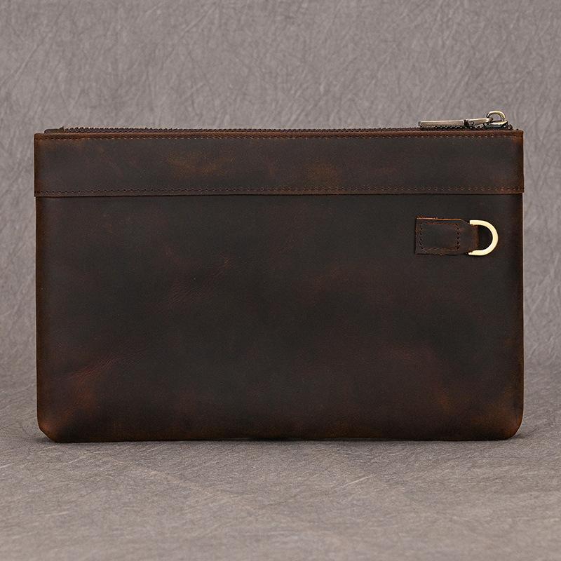 Men's Crazy Horse Leather Handbag, Genuine Leather Large Capacity Long Wallet, Retro Business Leather Handbag with Wrist Strap