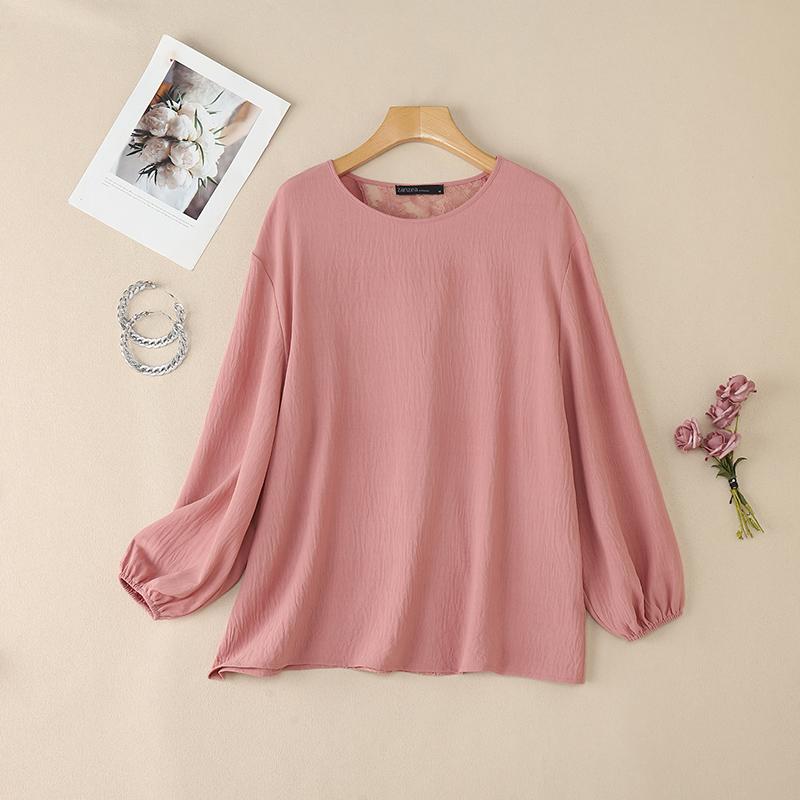 

ZANZEA Женская повседневная блузка с круглым вырезом, длинными рукавами и кружевной вставкой 5XL розовый