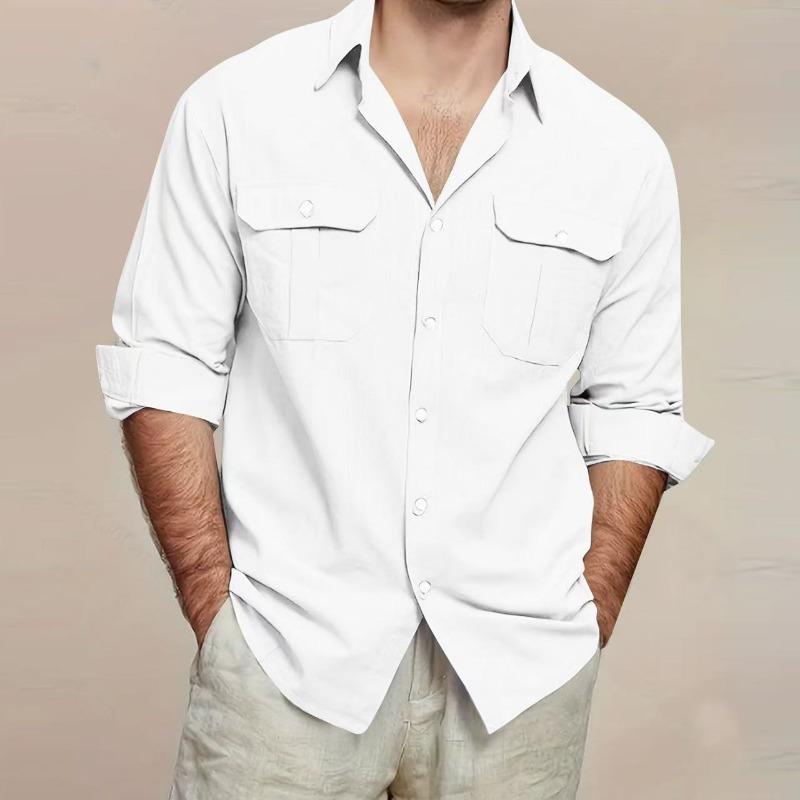 Camicia da uomo a maniche lunghe in cotone con doppia tasca, colori casual