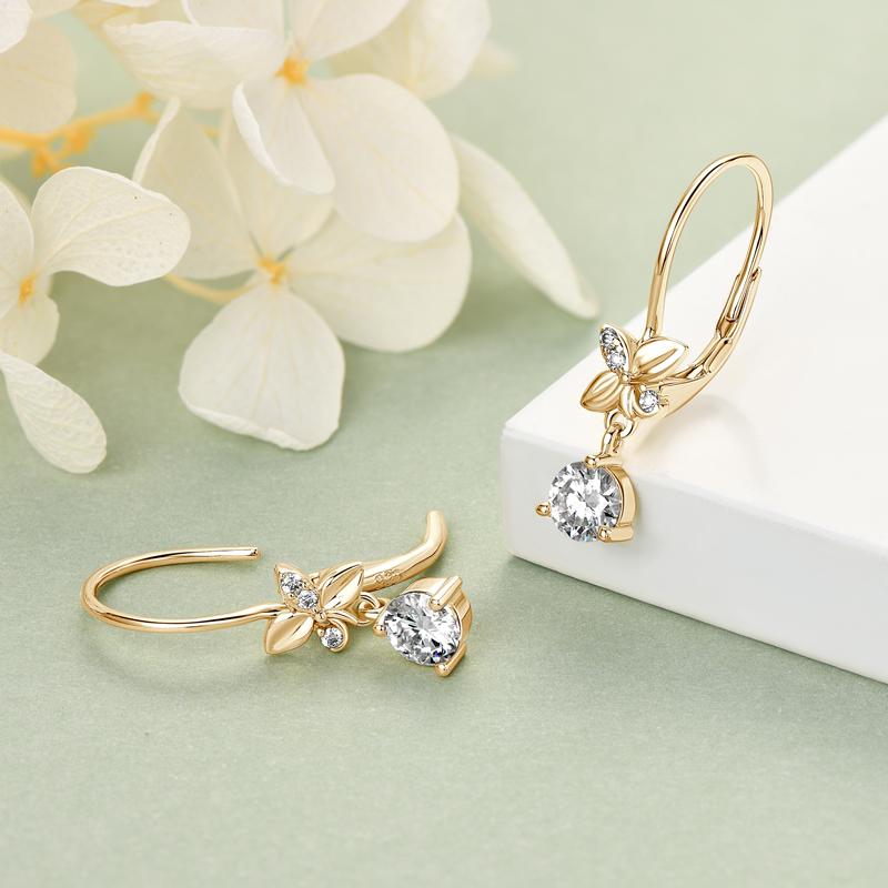 Trend Real 925 Silver 5mm Round Moissanite Drop Clip Earrings for Women Four-leaf Clover Valentine Wedding Jewelry Gift
