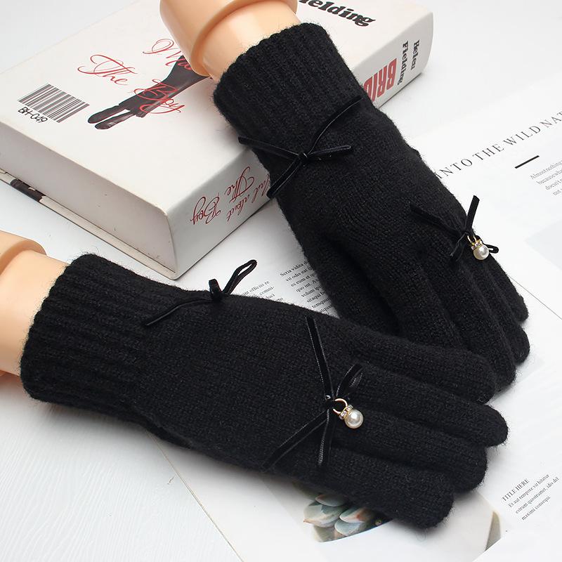 Bow Gloves Women's Winter Versatile Touch Screen Student Outdoor Cycling Warm Five-finger Knitted Wool Hand Socks
