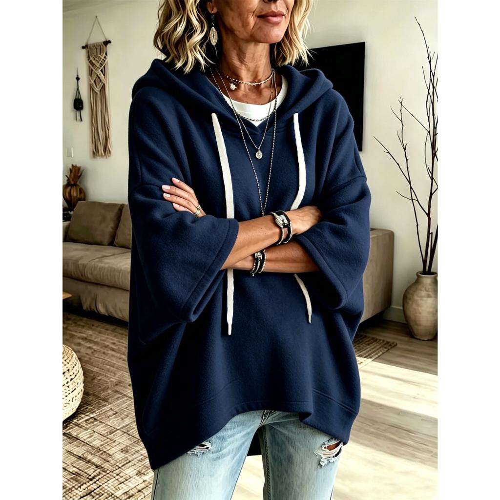 Women's Loose Seven Quarter Sleeves, Hooded Drawstring T-shirt, Batsleeved Top, Outerwear