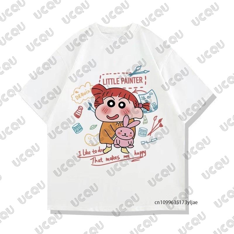 MINISO Summer Cute Cartoon Crayon Shin-chan & Sakurada Nini Print Couple T-shirt For Men Women Cotton Tees Casual Fashion Tops