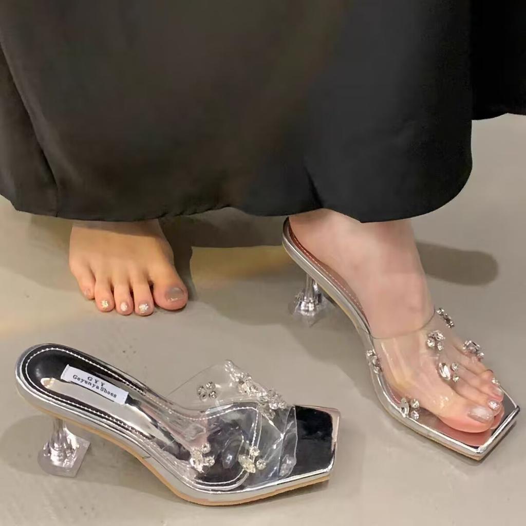 Summer New White Word with Rhinestone Open-toed Sexy Crystal High Heels Transparent Square Head Cool Slippers